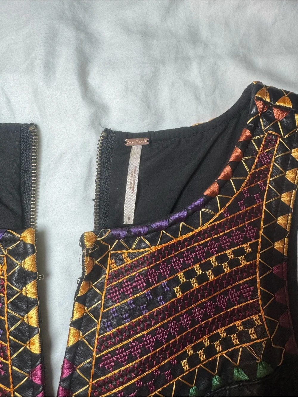 Free People Sleeveless Black Vegan-Leather Dress with Colorful Embroidered Yoke